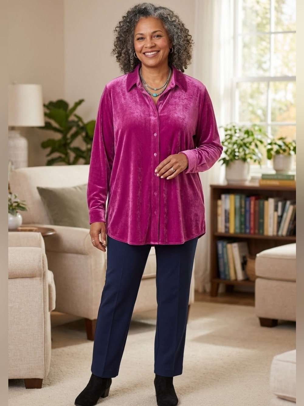 Soft Surroundings Velvet Boyfriend Shirt in Fiery Fuchsia (DM)